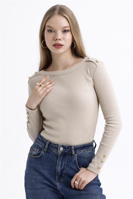 Düğme Detaylı Bisiklet Yaka Şardonlu Fitilli Kazak - Bej