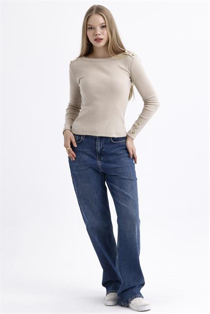 Düğme Detaylı Bisiklet Yaka Şardonlu Fitilli Kazak - Bej