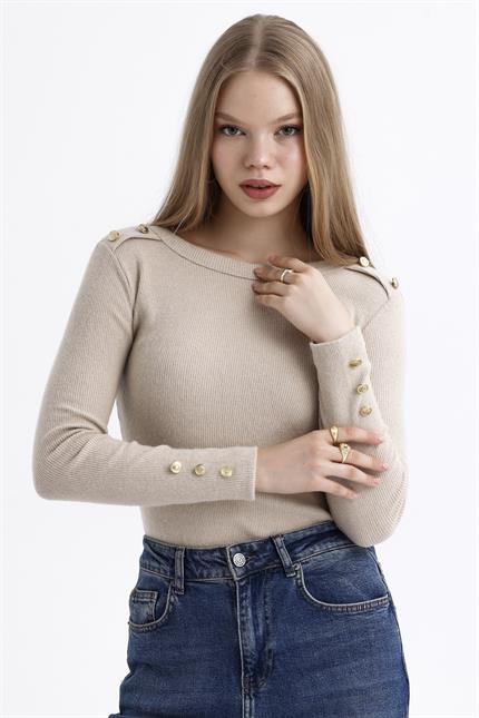 Düğme Detaylı Bisiklet Yaka Şardonlu Fitilli Kazak - Bej