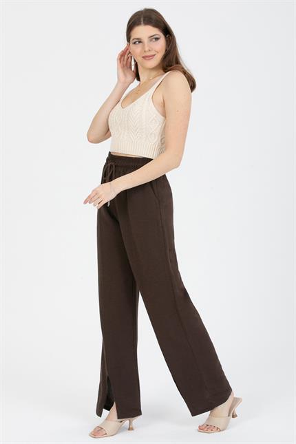 Extra Yüksek Bel Önü Dikişli Paça Yırtmaçlı Keten Pantolon - Kahve