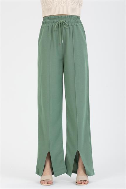 Extra Yüksek Bel Önü Dikişli Paça Yırtmaçlı Keten Pantolon - Mint Yeşil