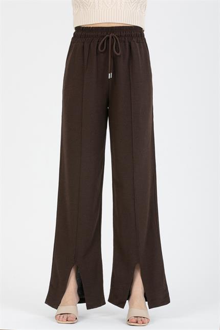Extra Yüksek Bel Önü Dikişli Paça Yırtmaçlı Keten Pantolon - Kahve