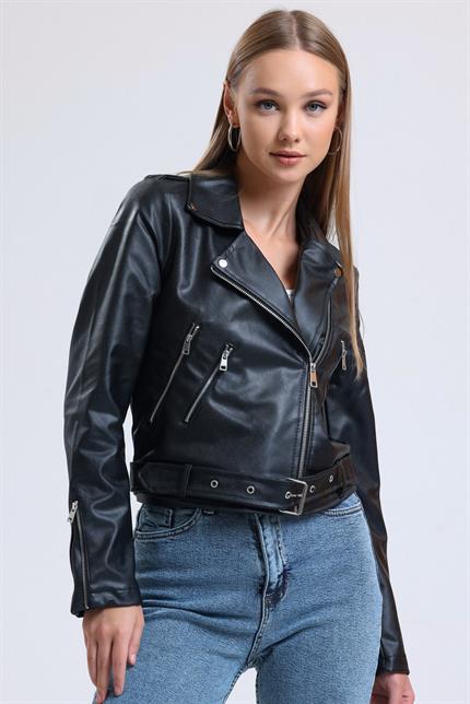 Fermuar Detaylı Kemerli Suni Deri Biker Ceket - Siyah