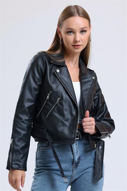 Fermuar Detaylı Kemerli Suni Deri Biker Ceket - Siyah