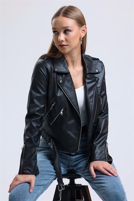 Fermuar Detaylı Kemerli Suni Deri Biker Ceket - Siyah