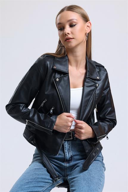Fermuar Detaylı Kemerli Suni Deri Biker Ceket - Siyah