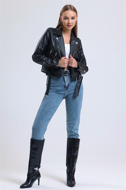 Fermuar Detaylı Kemerli Suni Deri Biker Ceket - Siyah