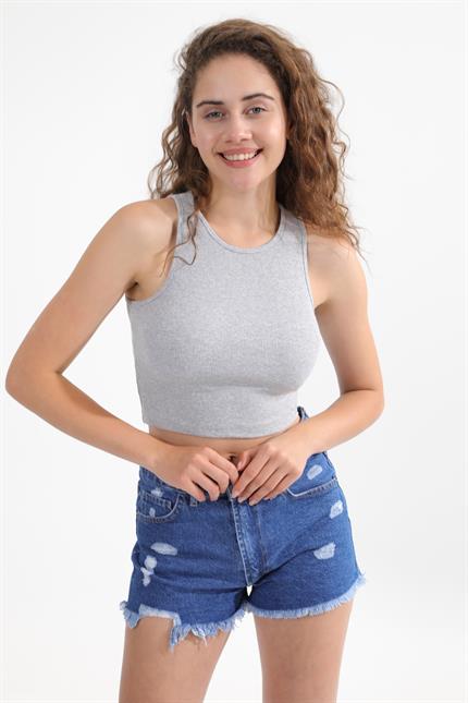 Fitilli Askılı Crop Örme Atlet - Gri