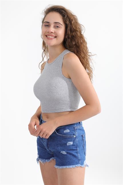 Fitilli Askılı Crop Örme Atlet - Gri