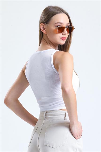 Fitilli Likralı Süper Crop Atlet - Beyaz