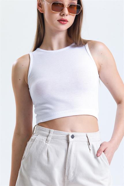 Fitilli Likralı Süper Crop Atlet - Beyaz