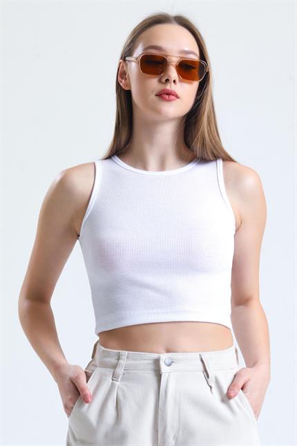 Fitilli Likralı Süper Crop Atlet - Beyaz