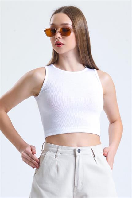 Fitilli Likralı Süper Crop Atlet - Beyaz