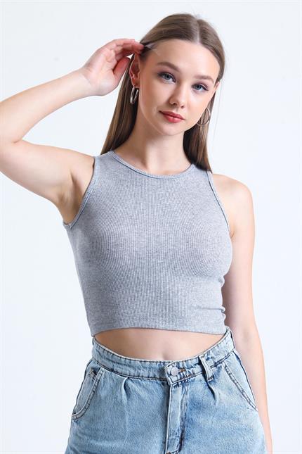 Fitilli Likralı Süper Crop Atlet - Gri