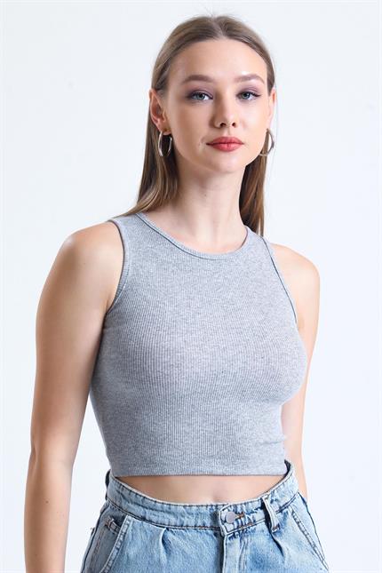 Fitilli Likralı Süper Crop Atlet - Gri