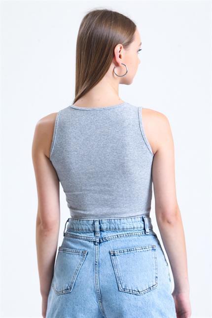 Fitilli Likralı Süper Crop Atlet - Gri