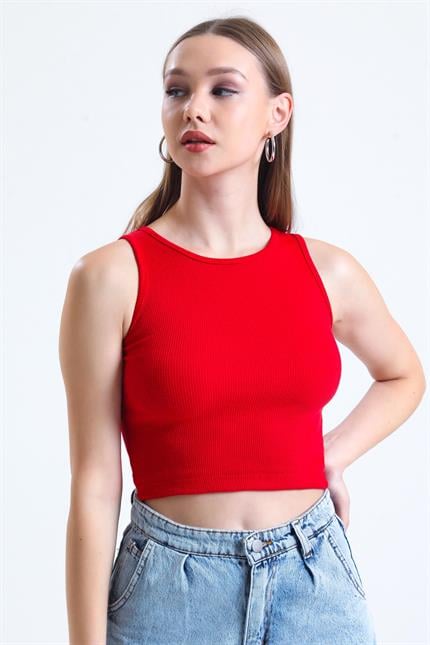 Fitilli Likralı Süper Crop Atlet - Kırmızı