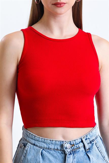 Fitilli Likralı Süper Crop Atlet - Kırmızı