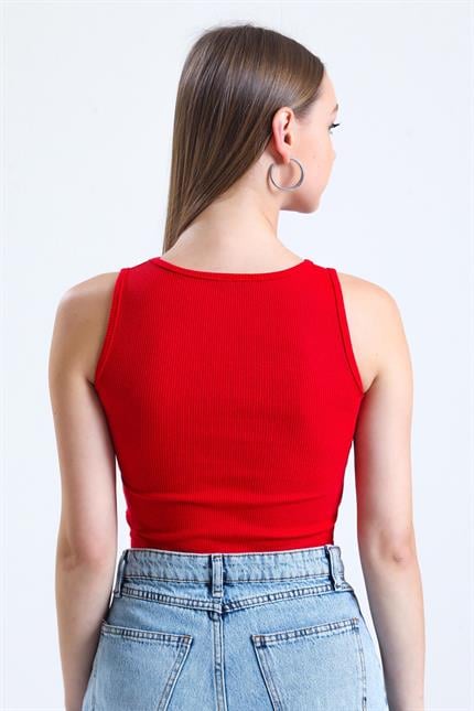 Fitilli Likralı Süper Crop Atlet - Kırmızı