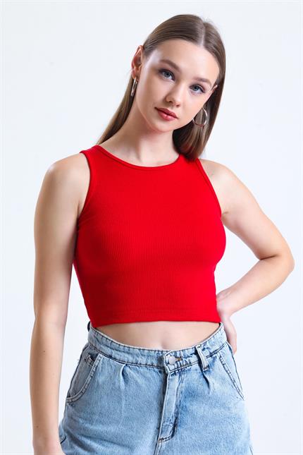 Fitilli Likralı Süper Crop Atlet - Kırmızı