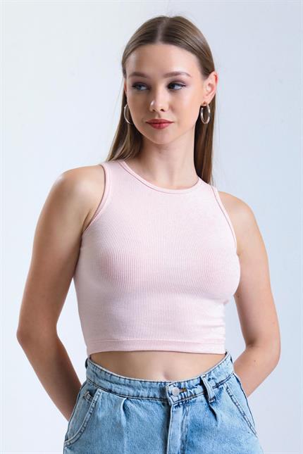 Fitilli Likralı Süper Crop Atlet - Pudra