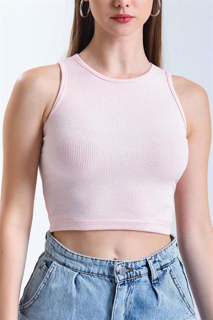 Fitilli Likralı Süper Crop Atlet - Pudra