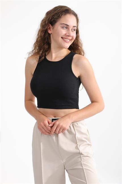 Fitilli Likralı Süper Crop Atlet - Siyah