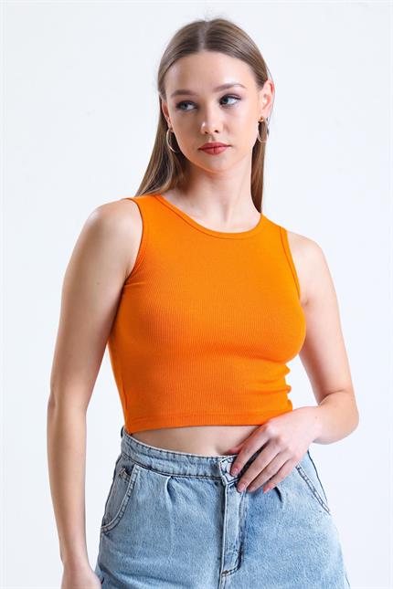 Fitilli Likralı Süper Crop Atlet - Turuncu