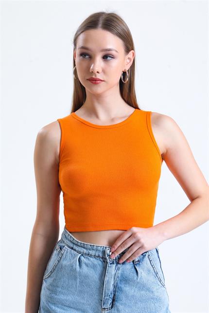 Fitilli Likralı Süper Crop Atlet - Turuncu