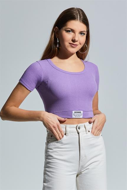 Geniş Bisiklet Yaka Armalı Fitilli Crop Bluz - Lila