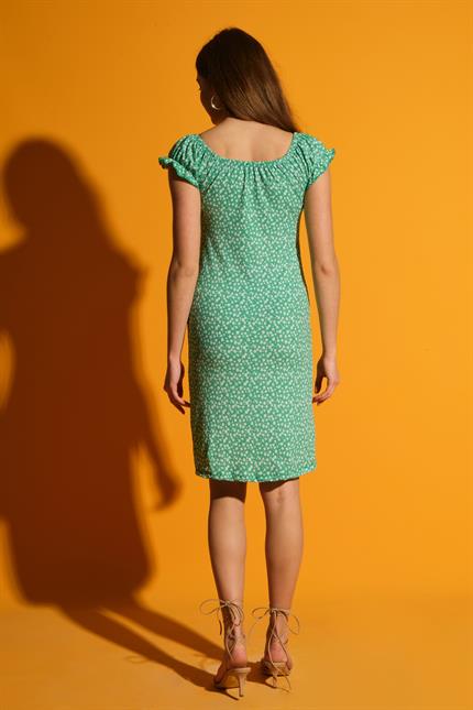 Geniş Yaka Kol Detaylı Çiçek Desenli Elbise - Yeşil