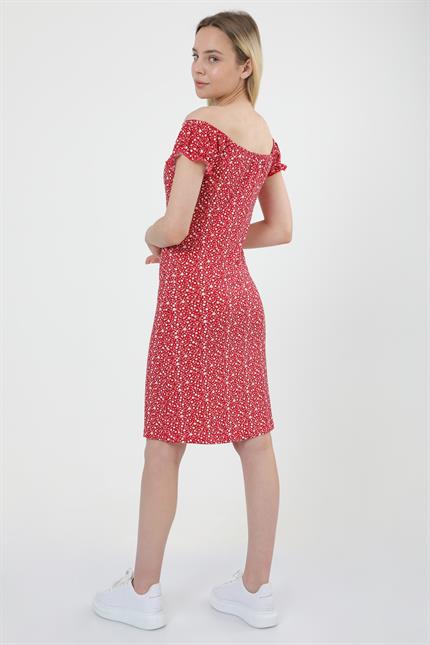 Geniş Yaka Kol Detaylı Çiçek Desenli Elbise - Kırmızı