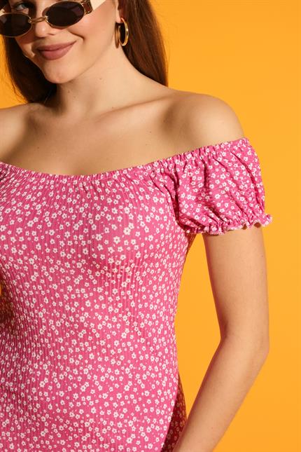 Geniş Yaka Kol Detaylı Çiçek Desenli Elbise - Fuşya