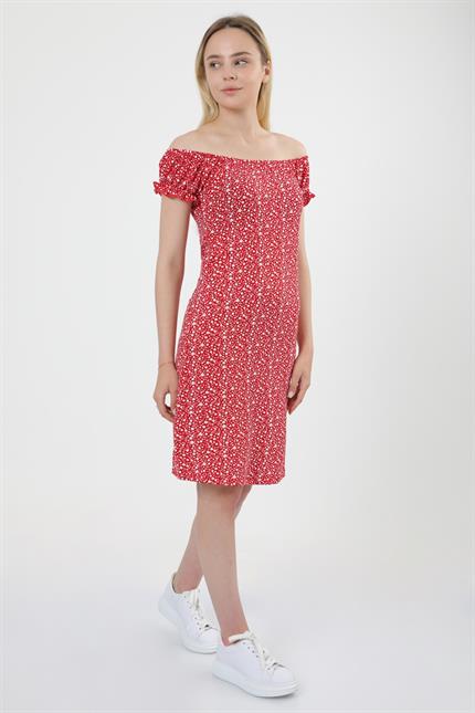 Geniş Yaka Kol Detaylı Çiçek Desenli Elbise - Kırmızı