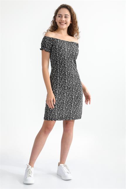 Geniş Yaka Kol Detaylı Çiçek Desenli Elbise - Siyah