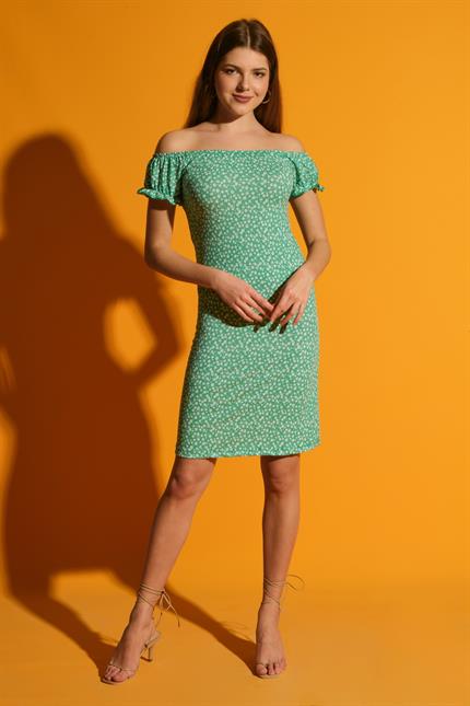 Geniş Yaka Kol Detaylı Çiçek Desenli Elbise - Yeşil