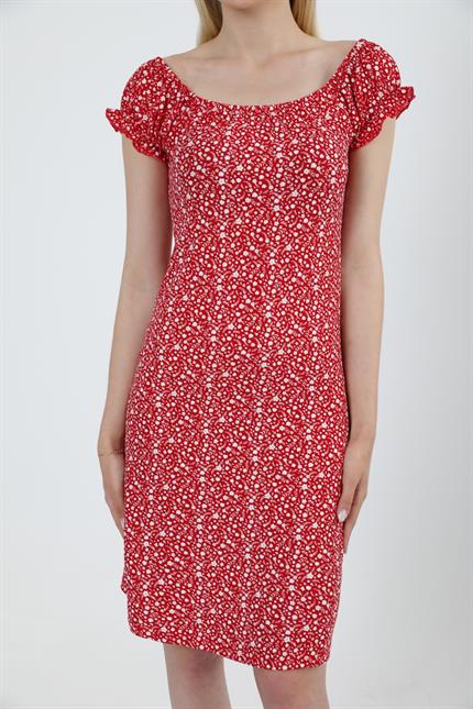 Geniş Yaka Kol Detaylı Çiçek Desenli Elbise - Kırmızı