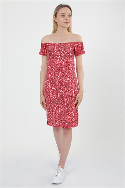 Geniş Yaka Kol Detaylı Çiçek Desenli Elbise - Kırmızı
