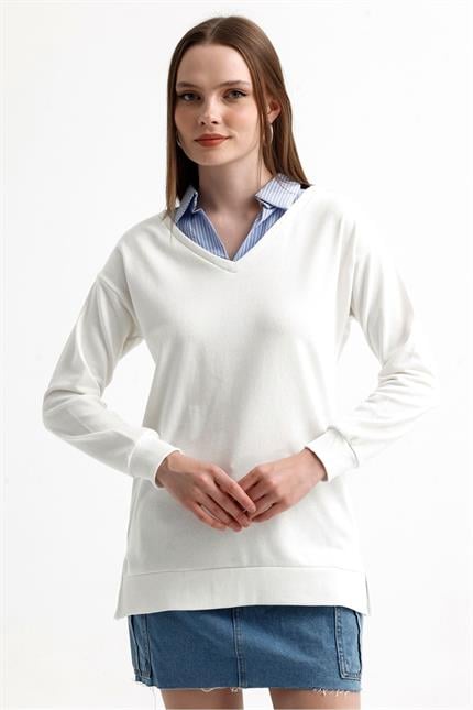 Gömlek Detaylı Parça Detaylı Yırtmaçlı V Yaka Sweatshirt - Ekru