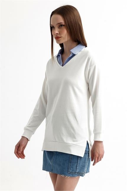 Gömlek Detaylı Parça Detaylı Yırtmaçlı V Yaka Sweatshirt - Ekru