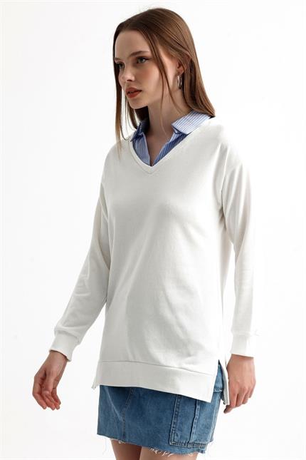 Gömlek Detaylı Parça Detaylı Yırtmaçlı V Yaka Sweatshirt - Ekru