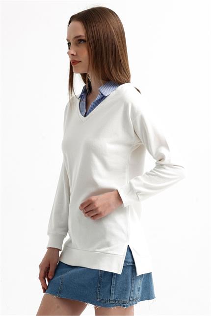 Gömlek Detaylı Parça Detaylı Yırtmaçlı V Yaka Sweatshirt - Ekru