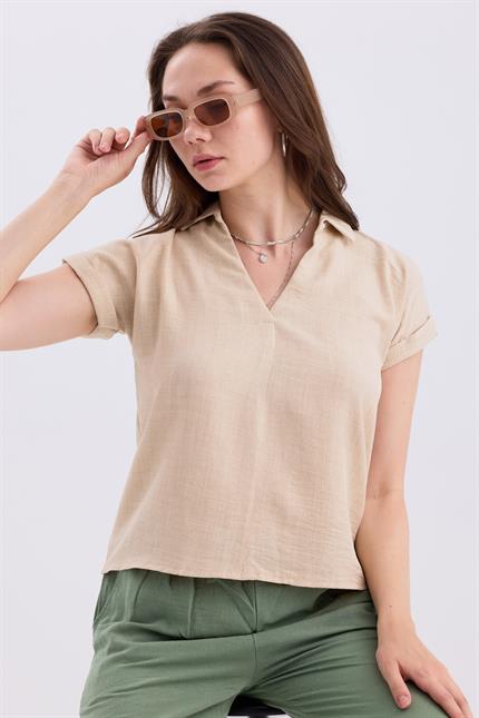 Gömlek V Yaka Duble Kol Kısa Kollu Keten Bluz - Bej