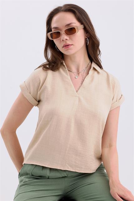 Gömlek V Yaka Duble Kol Kısa Kollu Keten Bluz - Bej