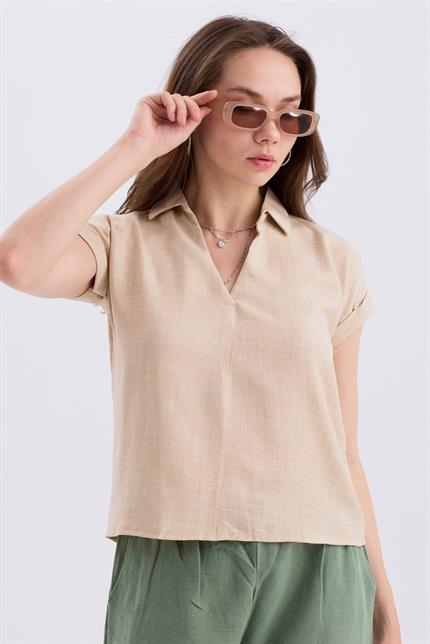Gömlek V Yaka Duble Kol Kısa Kollu Keten Bluz - Bej