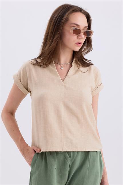 Gömlek V Yaka Duble Kol Kısa Kollu Keten Bluz - Bej