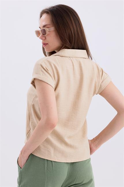 Gömlek V Yaka Duble Kol Kısa Kollu Keten Bluz - Bej