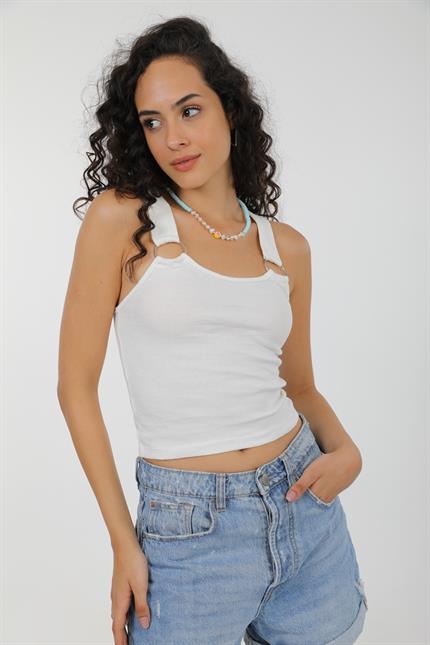 Halka Detaylı Kaşkorse Crop Bluz - Ekru