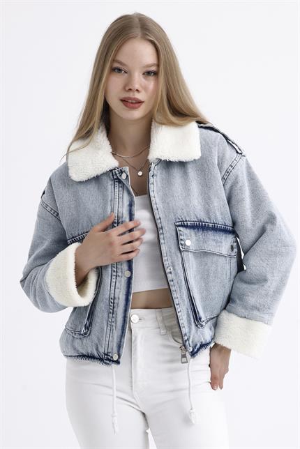İçi Kürklü Çift Cepli Fermuarlı Çıtçıt Kapamalı Kar Yıkama Denim Mont - Buz Mavi