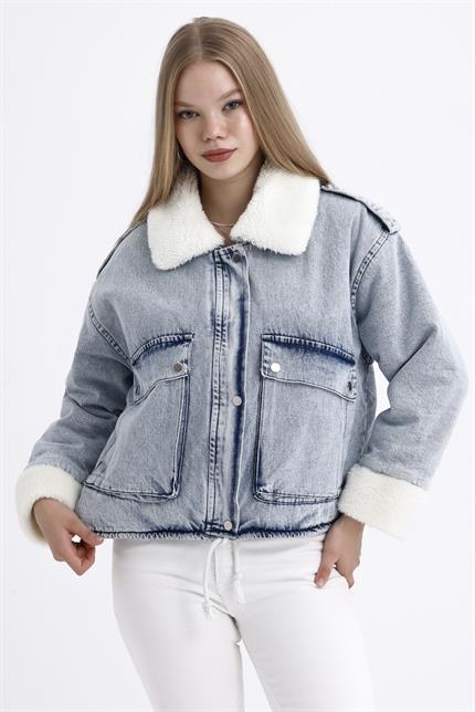 İçi Kürklü Çift Cepli Fermuarlı Çıtçıt Kapamalı Kar Yıkama Denim Mont - Buz Mavi